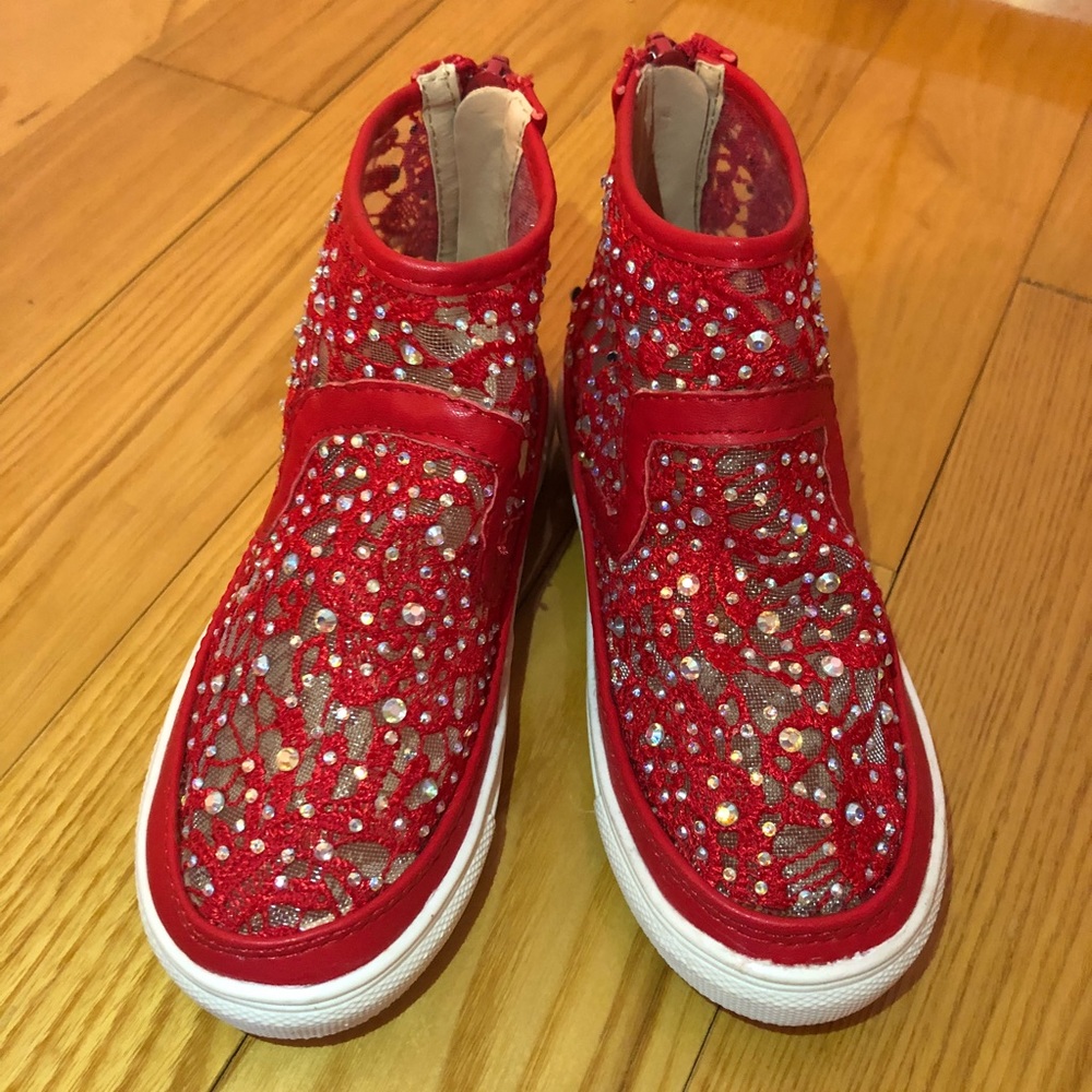 Red Lace Crystal Embellished Girl Booties.